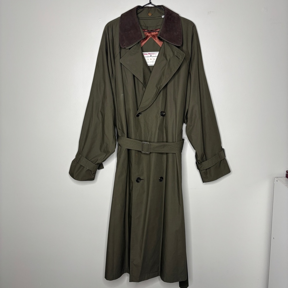 Towne London Fog Trench Coat Men's Size 46 Long Zip Out Lining Vintage Rain Coat